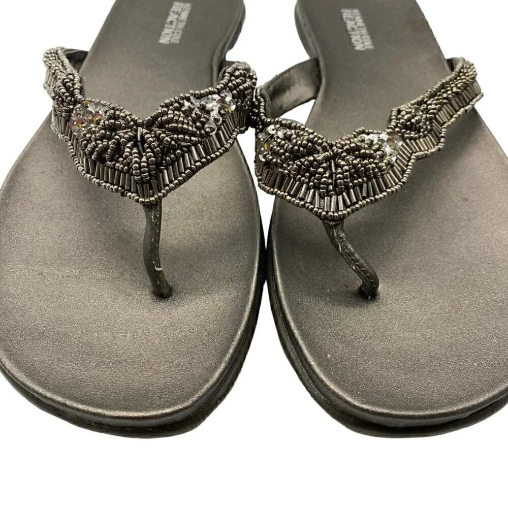 Kenneth Cole Reaction Women Sandals Flip Flops Flats Beaded Detail Gunmetal 10M